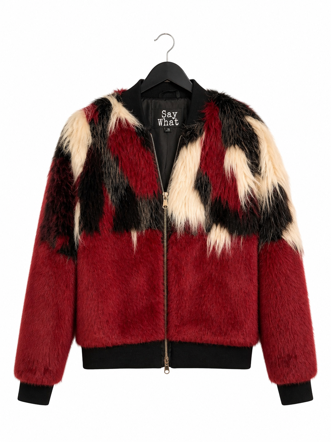 Blouson fausse fourrure Say What rouge - image générée par IA